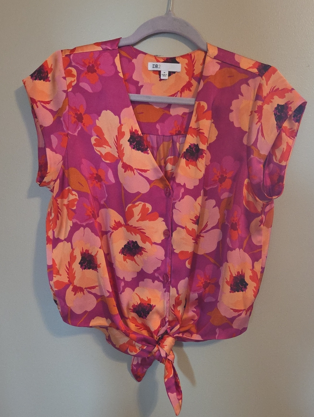 DR2 Pink and Peach Floral Tie-Front Blouse